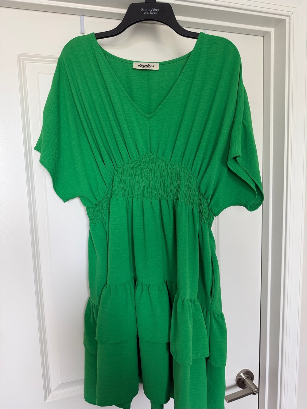 Haplico Women's Emerald Green V-Neck Tiered Smocked Tunic Dress